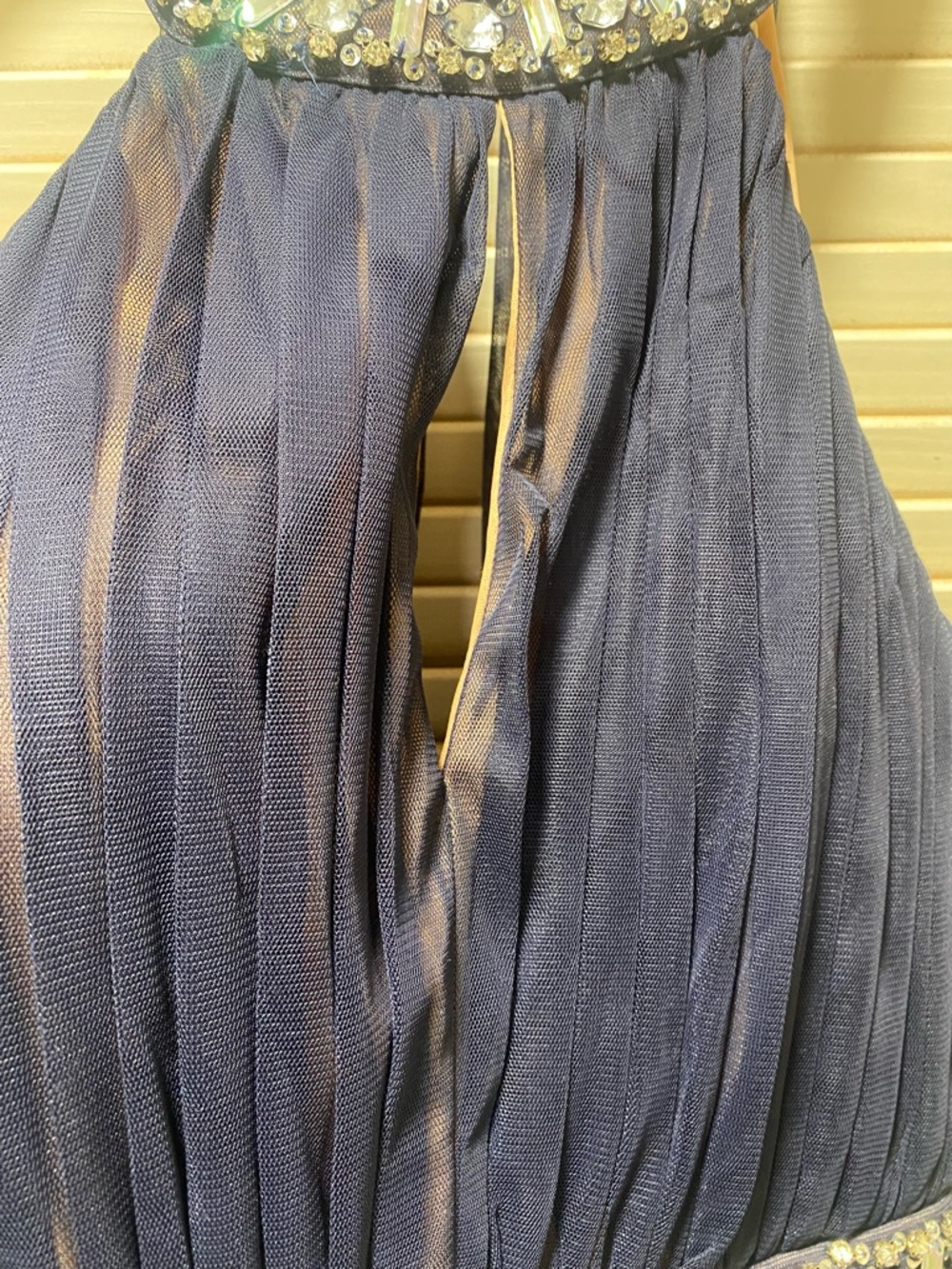 Juniors Way-In Navy Blue Embellished Halter Tulle Dress - Picture 2 of 16